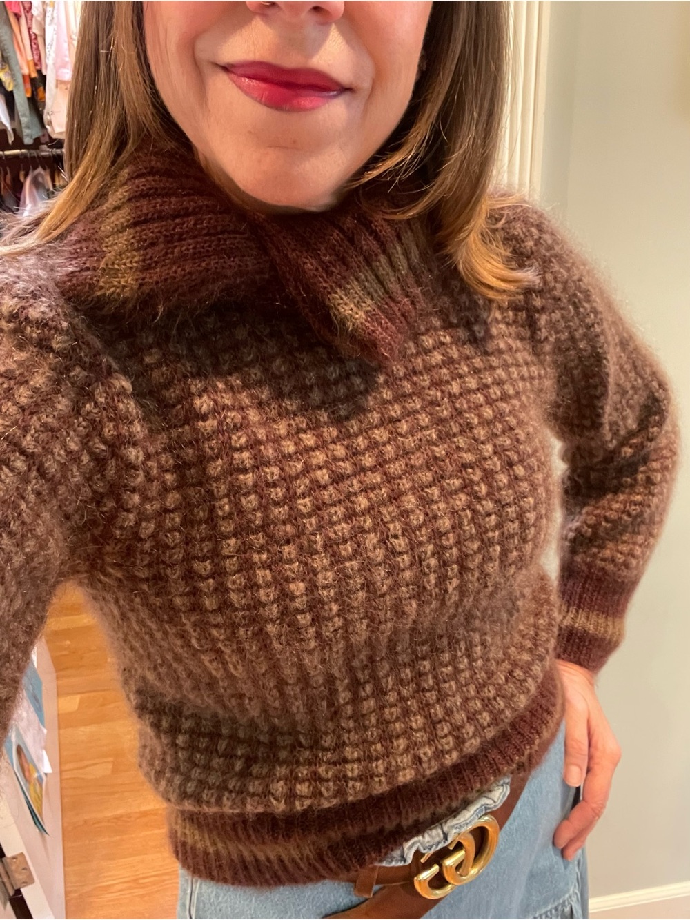 YSL Yves Saint Laurent Cozy Brown Waffle-Knit Women's Sweater Sm Med
